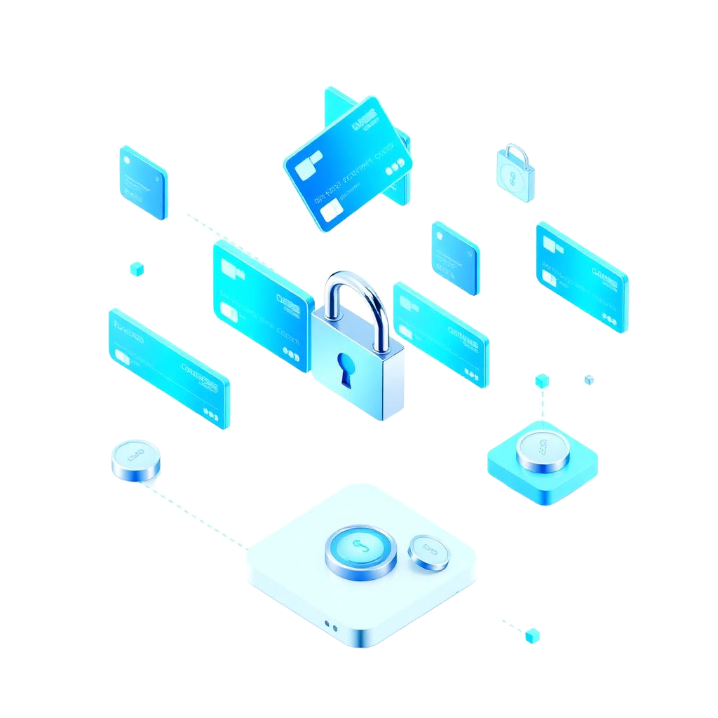 Payment gateway network illustration with cards and lock